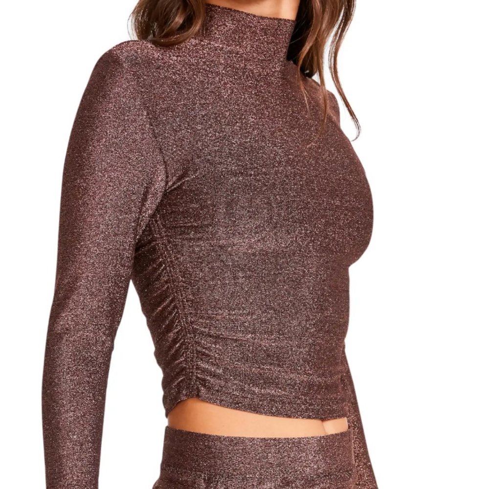 Side Hustle Ruched Glitter Mock Neck Top